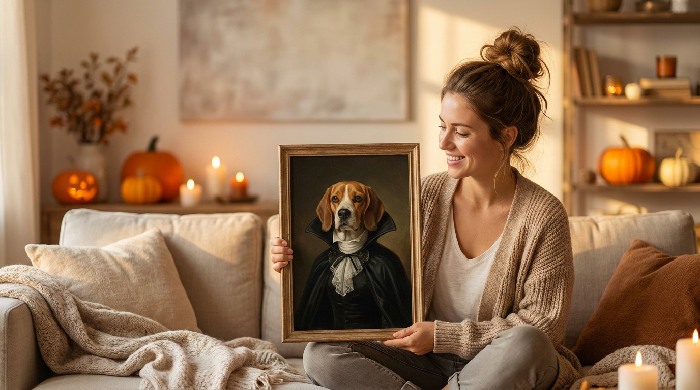 A woman smiling at a framed portrait of her beagle painted as a Victorian vampire, in a living room decorated for Halloween